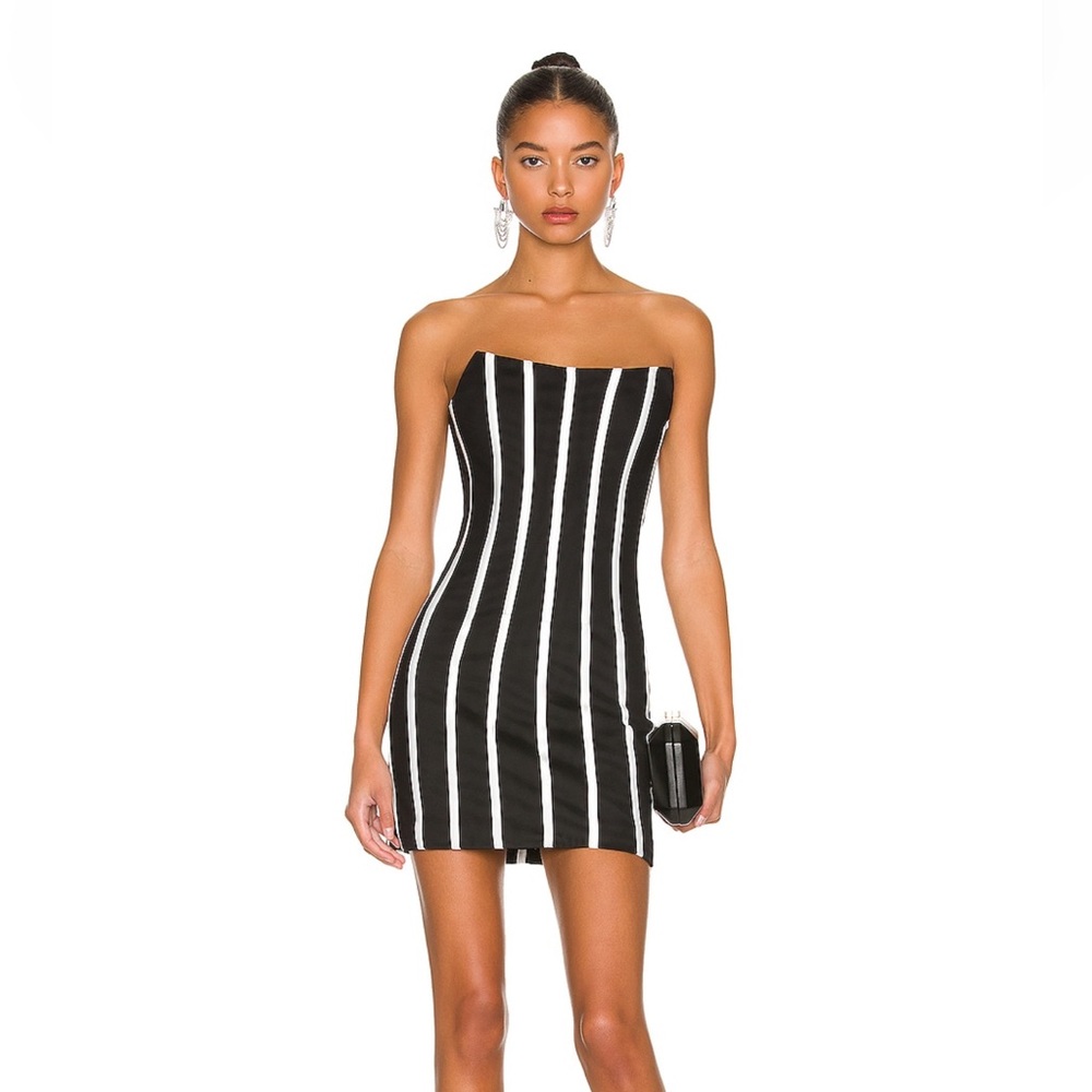 MISHA COLLECTION Black & White Strapless Vertical-Stripe Mini Dress